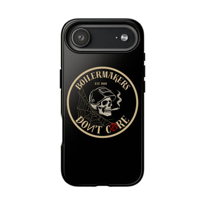 Boilermakers Don’t Care Phone Case — full-wrap skull design, drop-tested protection with attitude. Built tough for the hands that make the world work.