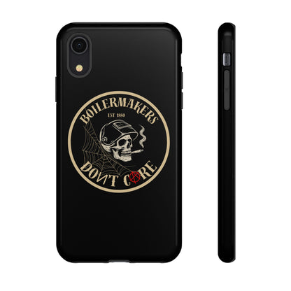 Boilermakers Don’t Care Phone Case — full-wrap skull design, drop-tested protection with attitude. Built tough for the hands that make the world work.