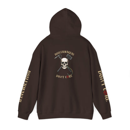 Skull “Boilermakers Don’t Care” Hoodie — full-back skull and hammer design, bold sleeve prints on both arms. The original Renn Don’t Care classic.
