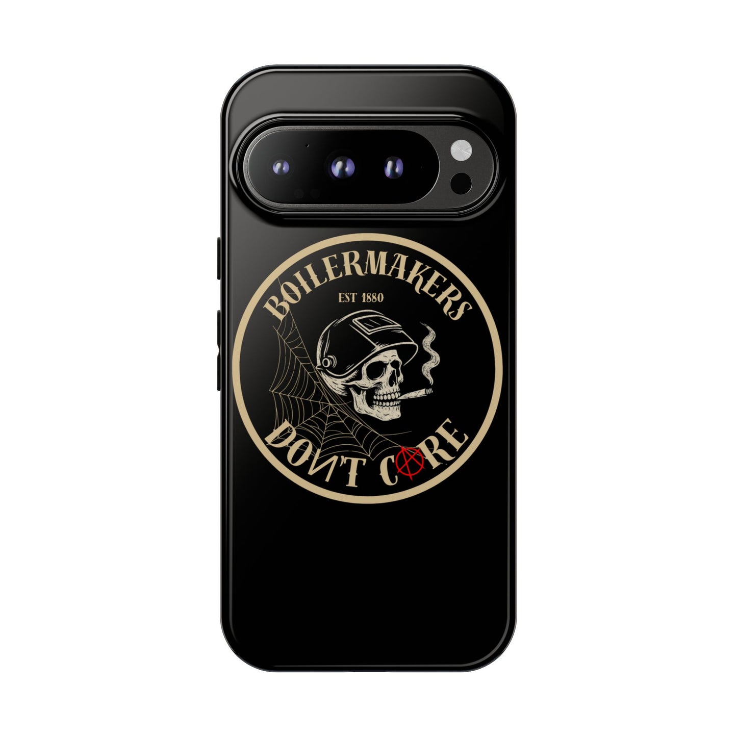 Boilermakers Don’t Care Phone Case — full-wrap skull design, drop-tested protection with attitude. Built tough for the hands that make the world work.