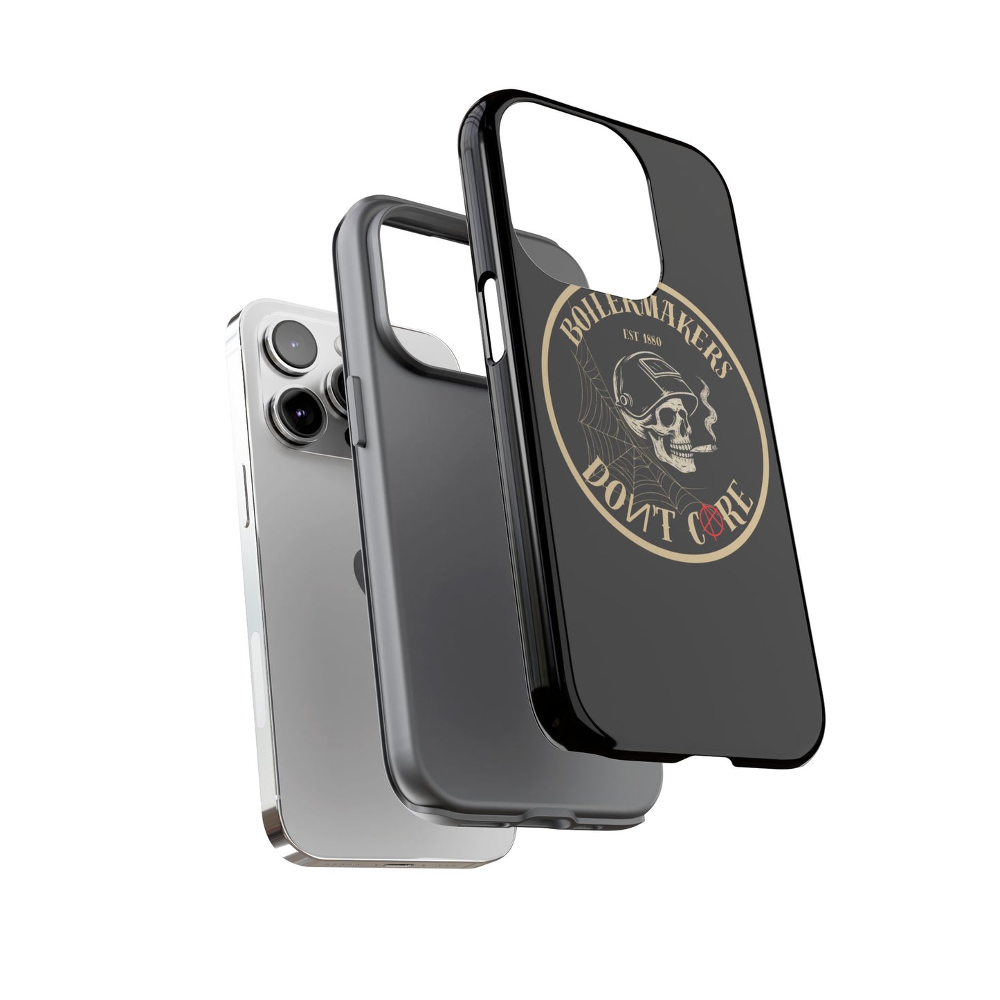 Boilermakers Don’t Care Phone Case — full-wrap skull design, drop-tested protection with attitude. Built tough for the hands that make the world work.