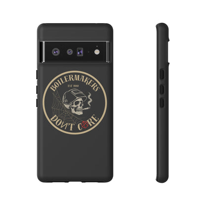 Boilermakers Don’t Care Phone Case — full-wrap skull design, drop-tested protection with attitude. Built tough for the hands that make the world work.