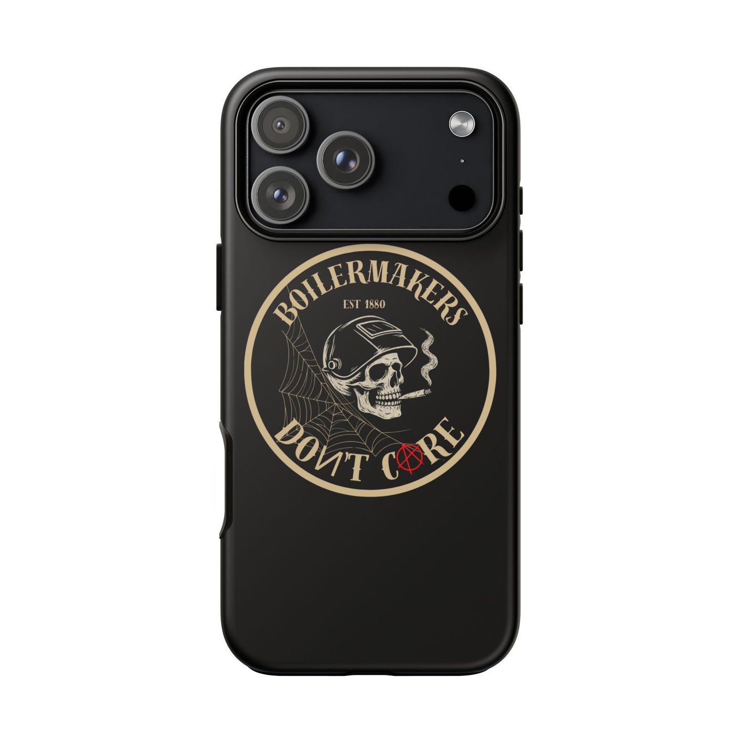 Boilermakers Don’t Care Phone Case — full-wrap skull design, drop-tested protection with attitude. Built tough for the hands that make the world work.