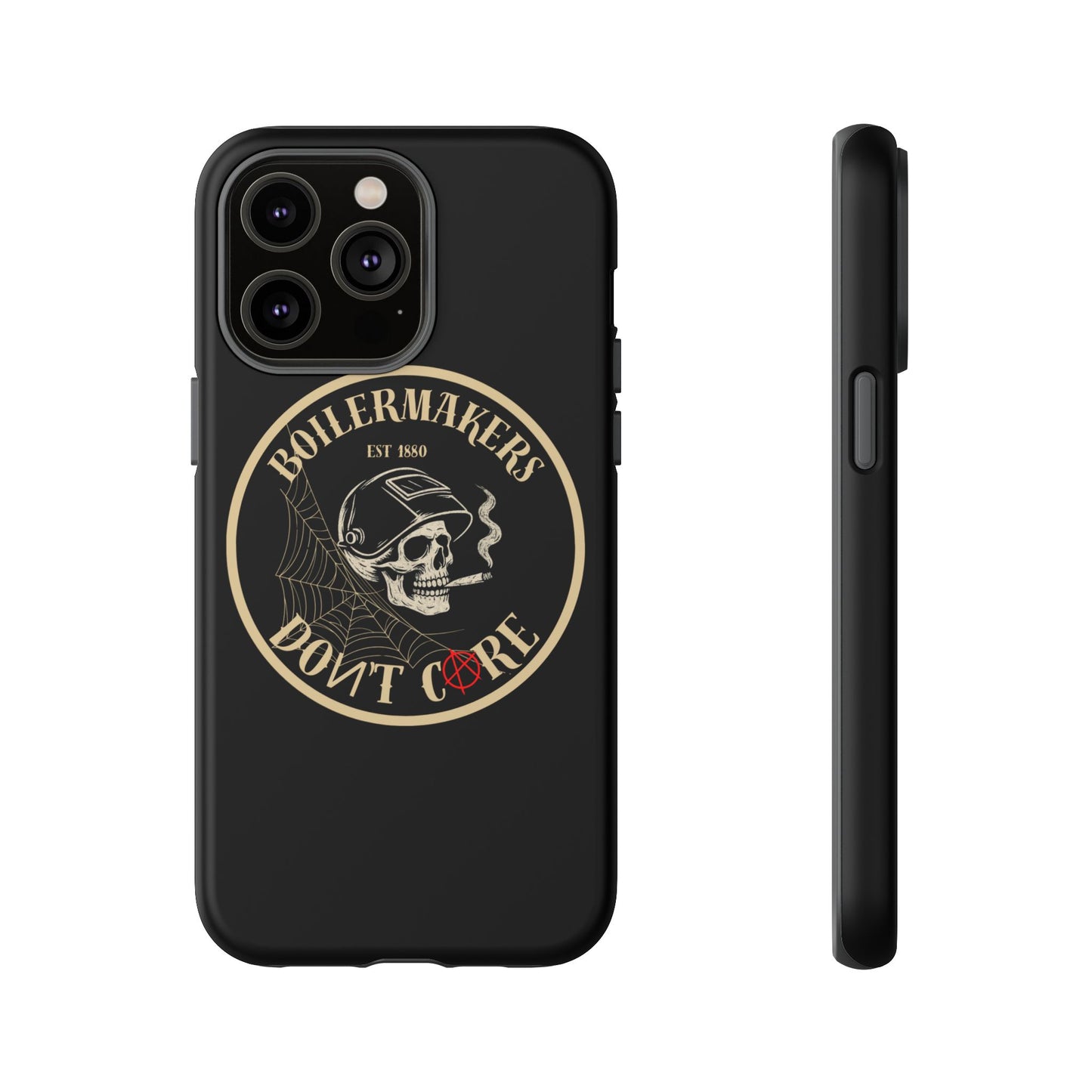 Boilermakers Don’t Care Phone Case — full-wrap skull design, drop-tested protection with attitude. Built tough for the hands that make the world work.