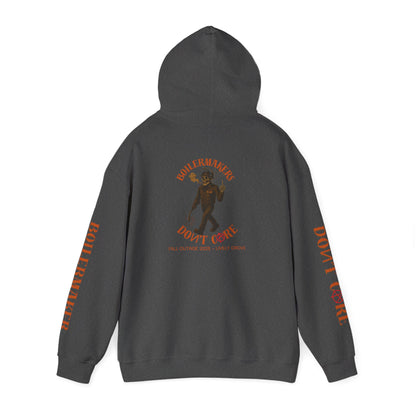Skeleton “Don’t Care” Hoodie — Lively Grove Edition. Featuring a full-back skeleton design, Boilermaker and Don’t Care sleeve prints, built for the Fall Outage 2025 crew.