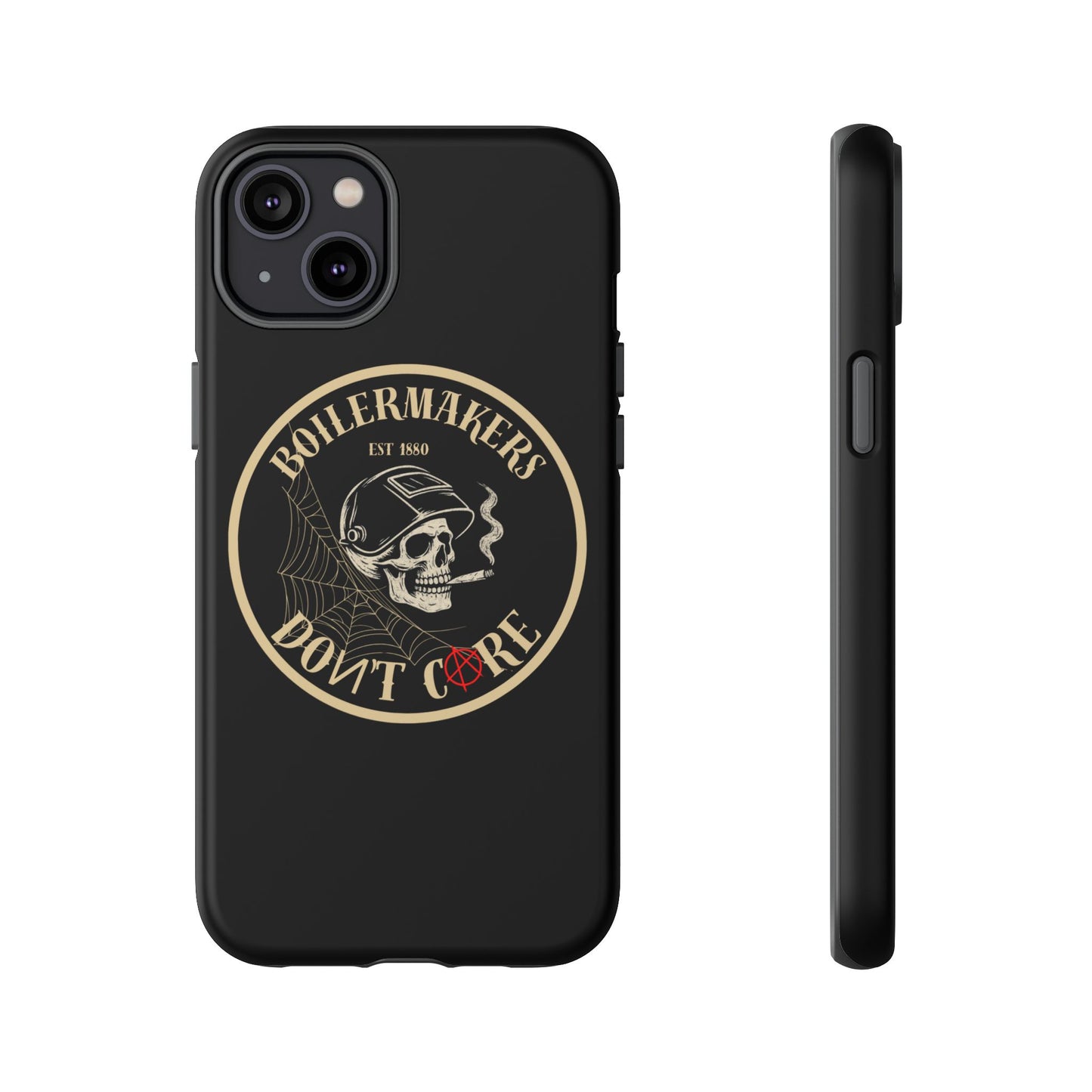 Boilermakers Don’t Care Phone Case — full-wrap skull design, drop-tested protection with attitude. Built tough for the hands that make the world work.