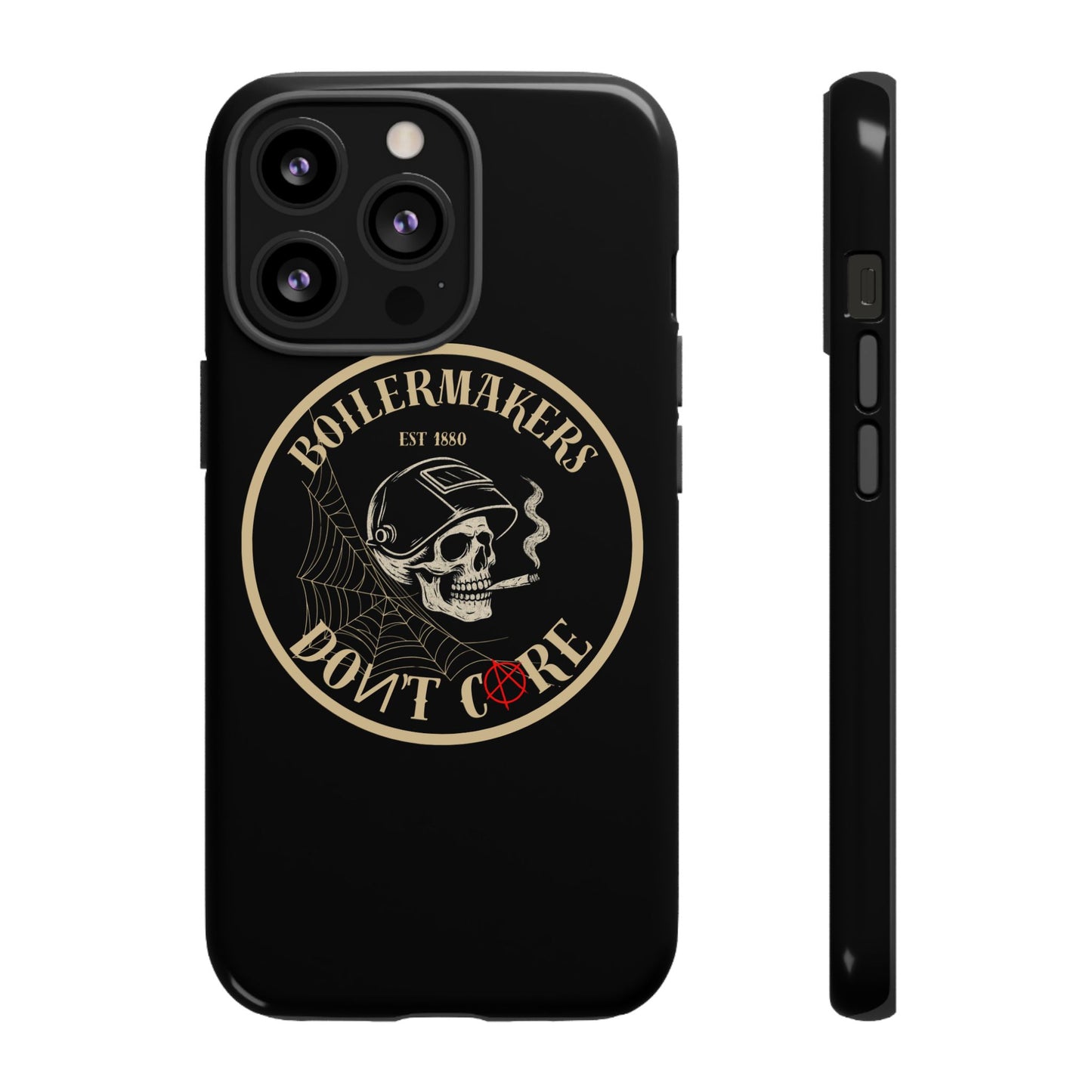 Boilermakers Don’t Care Phone Case — full-wrap skull design, drop-tested protection with attitude. Built tough for the hands that make the world work.