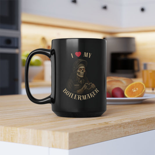 I ❤️ My Boilermaker” Skull Mug — a bold, black ceramic mug built for those who love the hard hands that keep the world running.