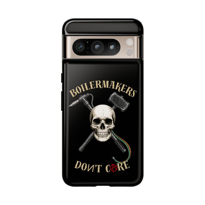 Boilermakers Don’t Care Tough Case — skull-and-hammer design, full-wrap protection built for the hard hands who keep the world running.