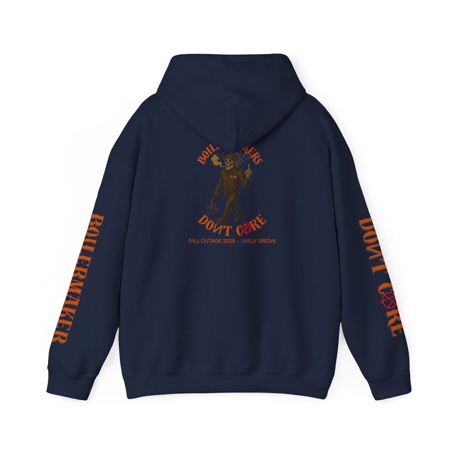 Skeleton “Don’t Care” Hoodie — Lively Grove Edition. Featuring a full-back skeleton design, Boilermaker and Don’t Care sleeve prints, built for the Fall Outage 2025 crew.