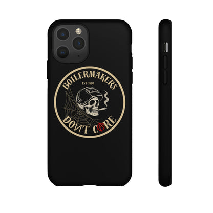 Boilermakers Don’t Care Phone Case — full-wrap skull design, drop-tested protection with attitude. Built tough for the hands that make the world work.