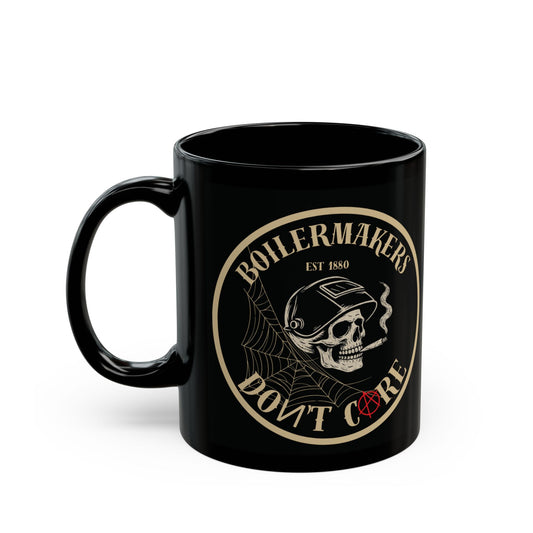 Boilermakers Don’t Care Skull Mug — black ceramic, vintage bone design, built for early mornings, late nights, and the ones who still show up when the hood drops.