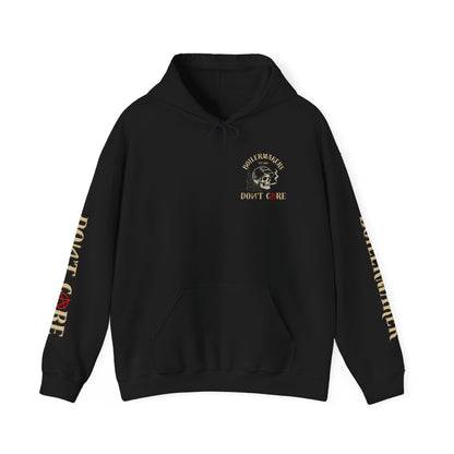 Skull “Boilermakers Don’t Care” Hoodie — full-back skull and hammer design, bold sleeve prints on both arms. The original Renn Don’t Care classic.