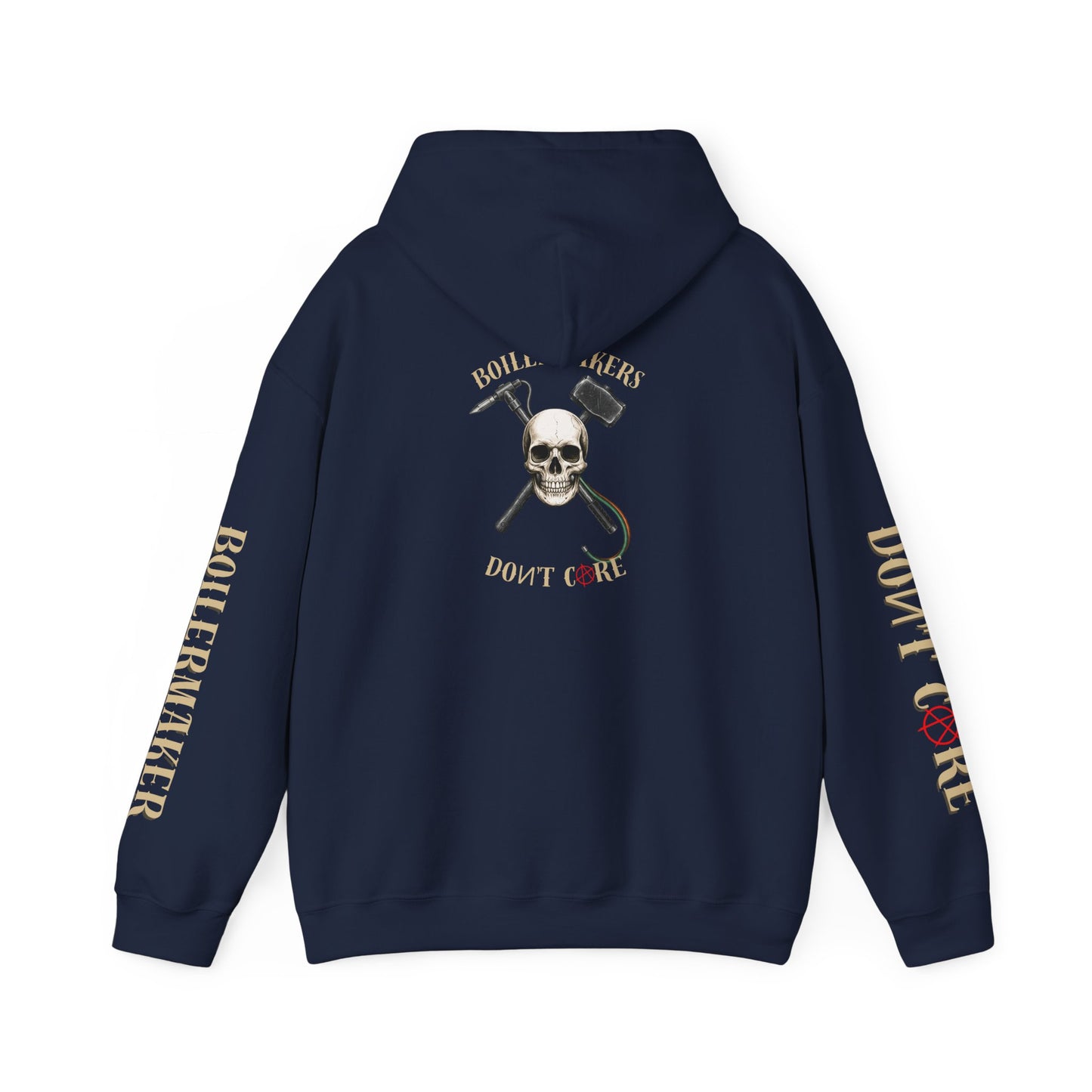 Skull “Boilermakers Don’t Care” Hoodie — full-back skull and hammer design, bold sleeve prints on both arms. The original Renn Don’t Care classic.