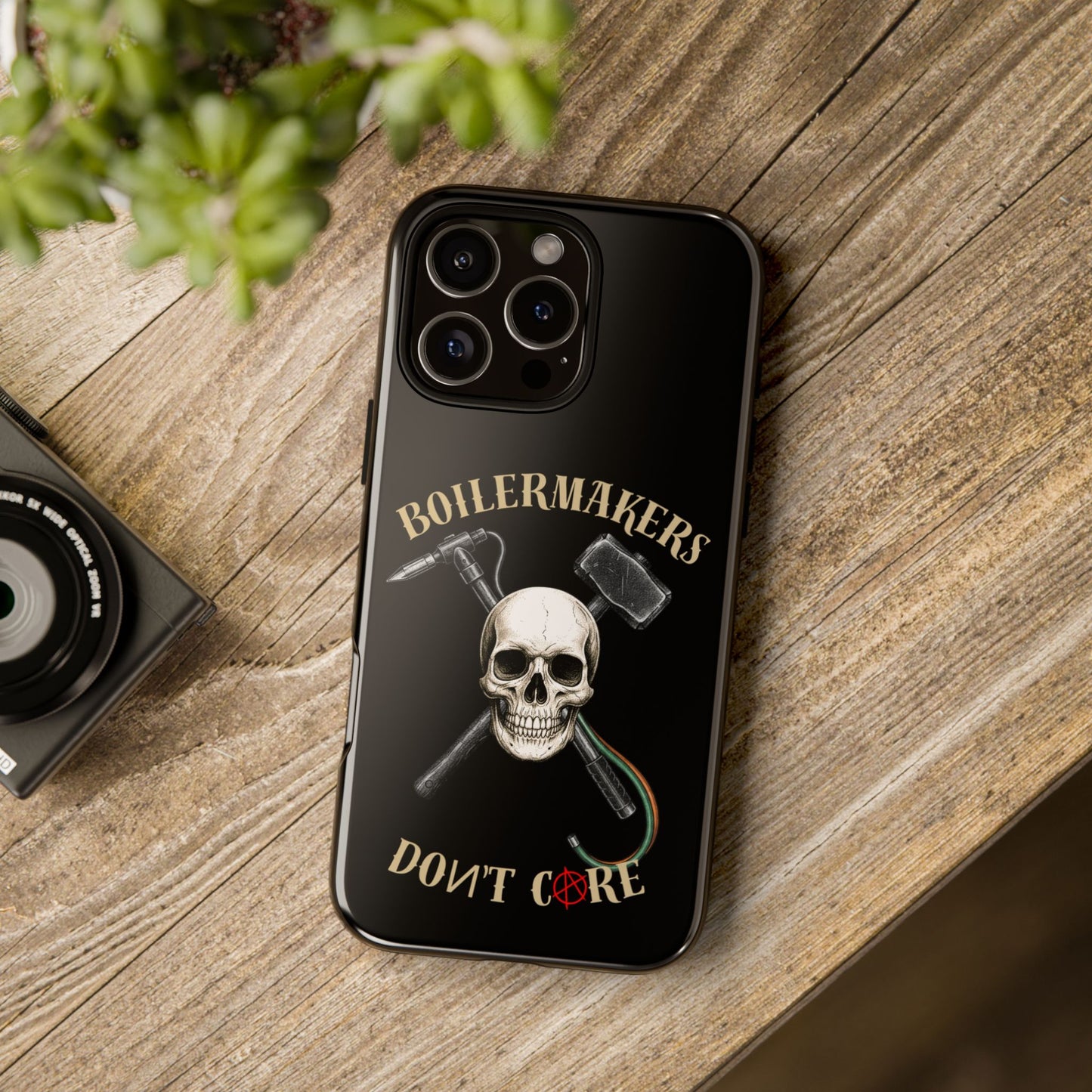 Boilermakers Don’t Care Tough Case — skull-and-hammer design, full-wrap protection built for the hard hands who keep the world running.