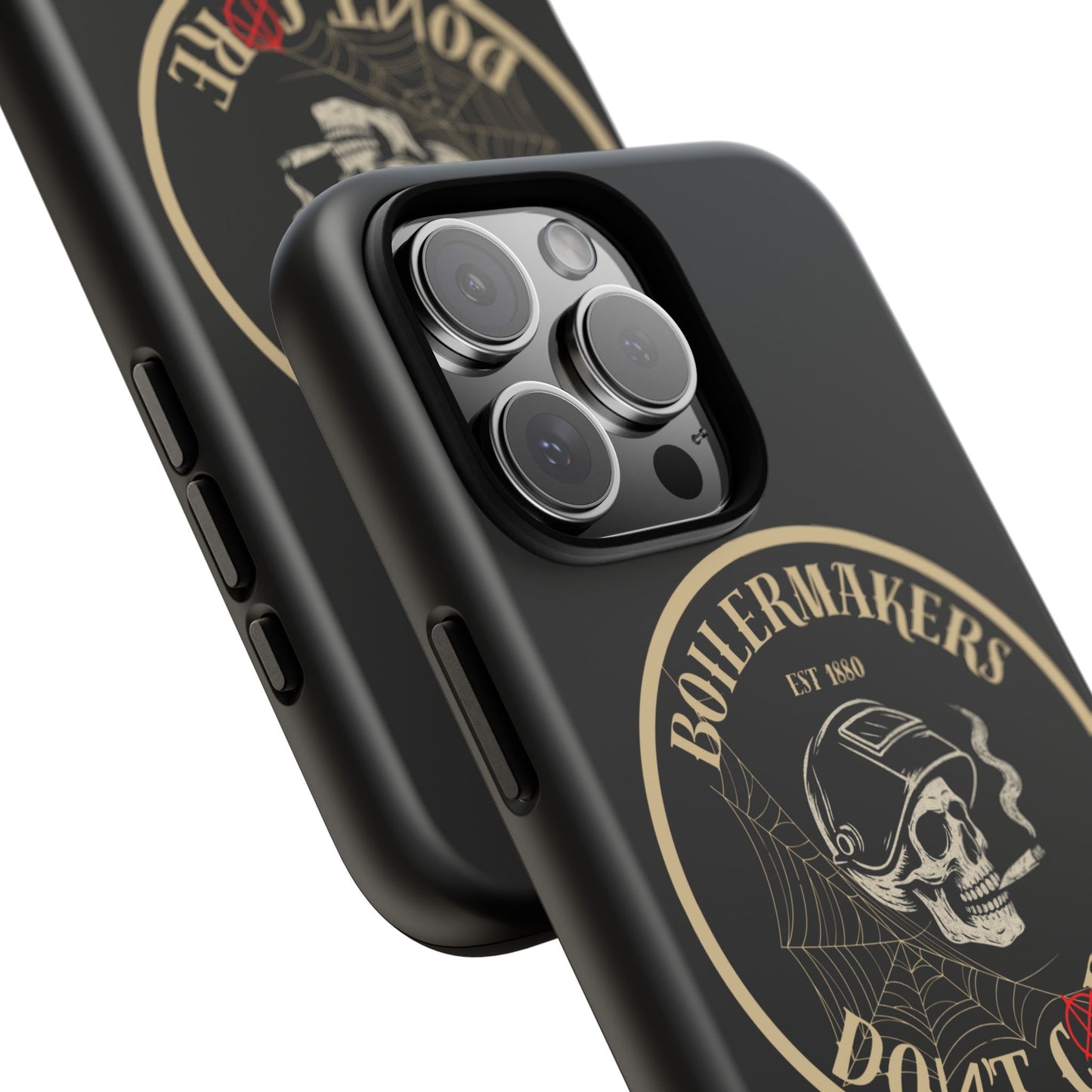 Boilermakers Don’t Care Phone Case — full-wrap skull design, drop-tested protection with attitude. Built tough for the hands that make the world work.