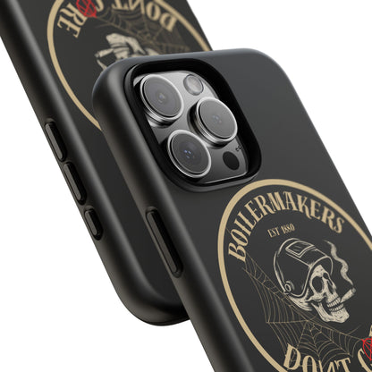 Boilermakers Don’t Care Phone Case — full-wrap skull design, drop-tested protection with attitude. Built tough for the hands that make the world work.