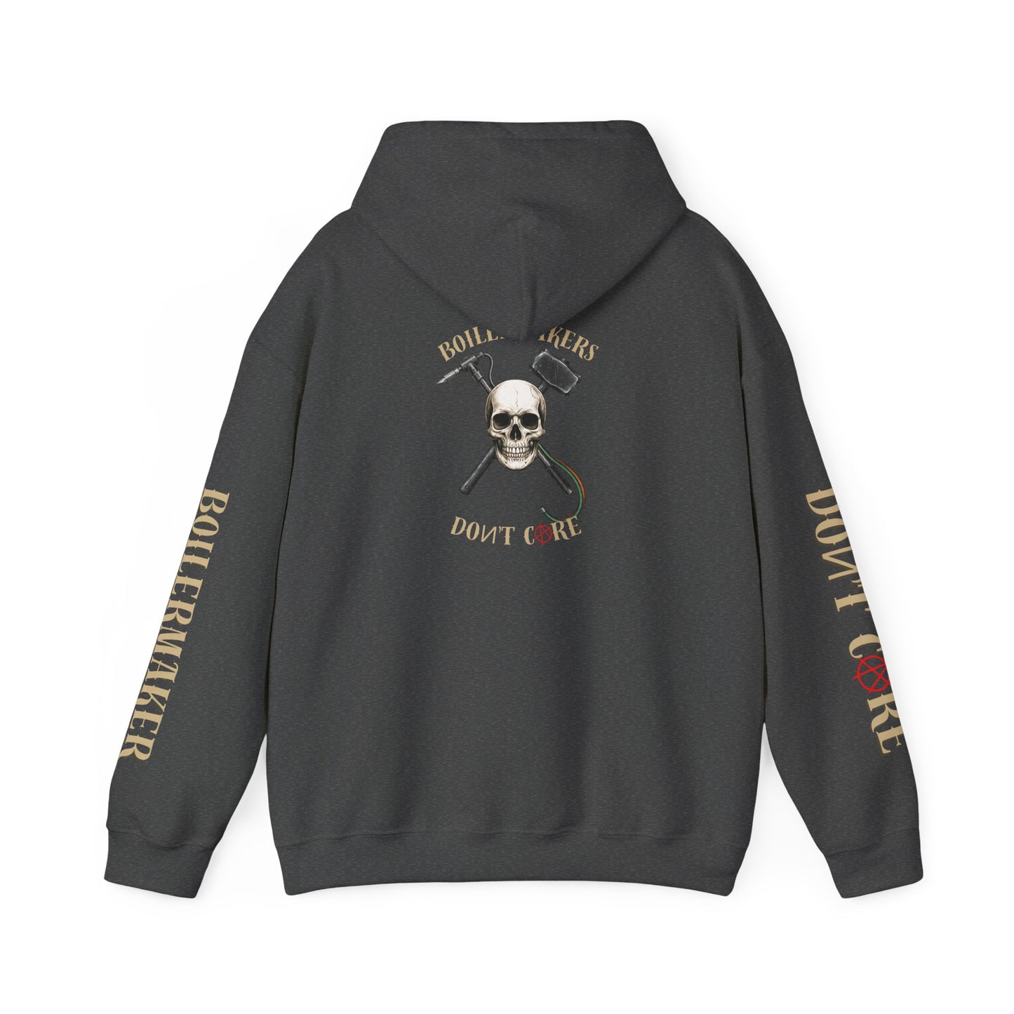 Skull “Boilermakers Don’t Care” Hoodie — full-back skull and hammer design, bold sleeve prints on both arms. The original Renn Don’t Care classic.