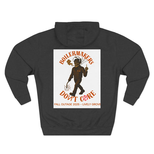 Boilermakers Don’t Care Hoodie — Skull & Hammer Edition. Heavy fleece, jobsite-tough comfort, and bold trade pride. Pair it with the matching sweatpants for the full set.