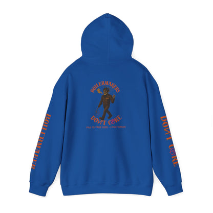 Skeleton “Don’t Care” Hoodie — Lively Grove Edition. Featuring a full-back skeleton design, Boilermaker and Don’t Care sleeve prints, built for the Fall Outage 2025 crew.
