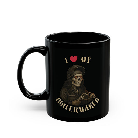 I ❤️ My Boilermaker” Skull Mug — a bold, black ceramic mug built for those who love the hard hands that keep the world running.
