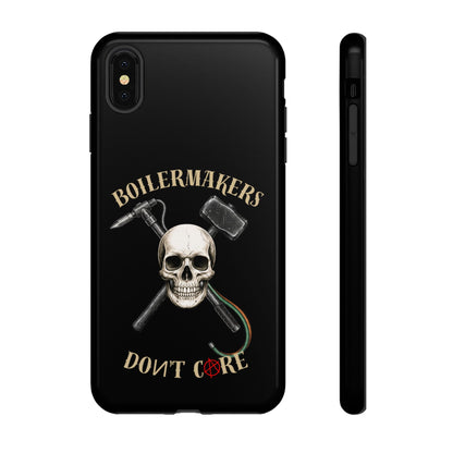 Boilermakers Don’t Care Tough Case — skull-and-hammer design, full-wrap protection built for the hard hands who keep the world running.
