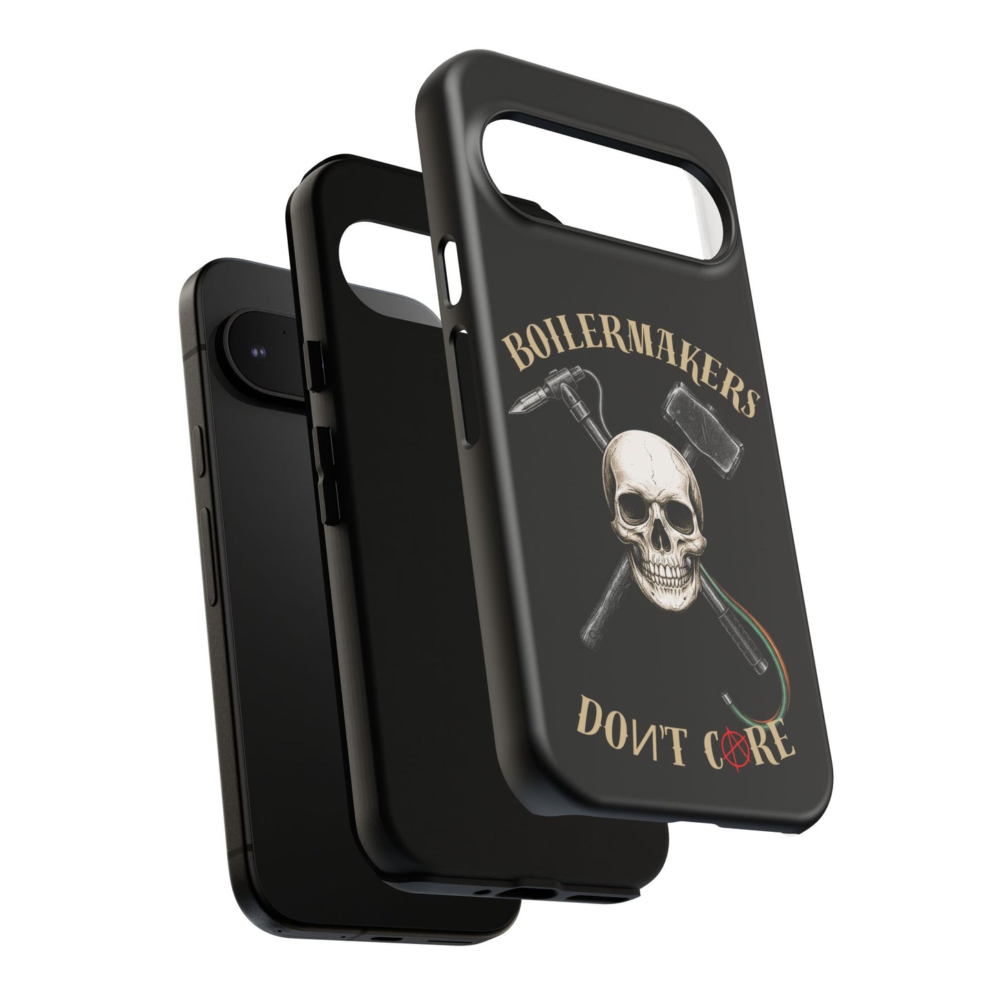 Boilermakers Don’t Care Tough Case — skull-and-hammer design, full-wrap protection built for the hard hands who keep the world running.