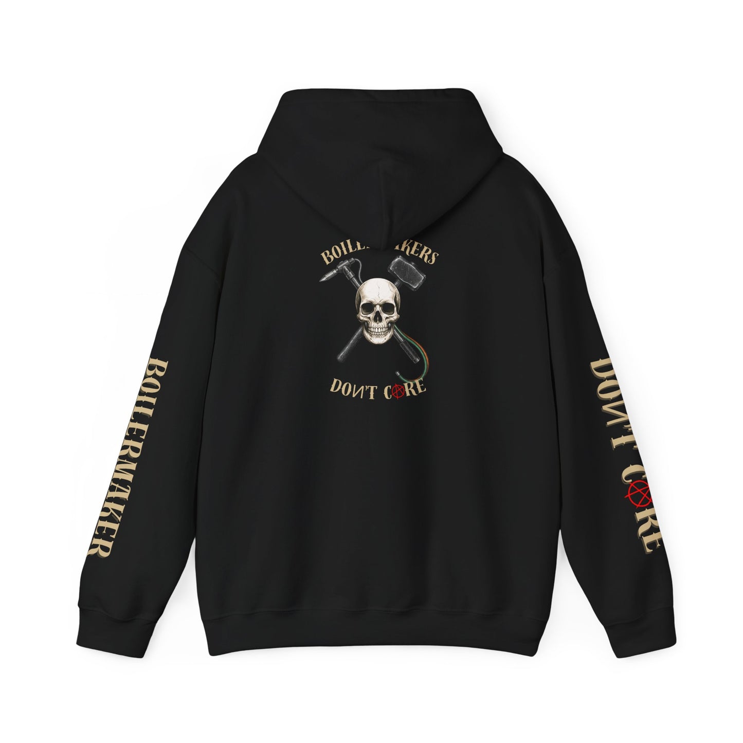 Skull “Boilermakers Don’t Care” Hoodie — full-back skull and hammer design, bold sleeve prints on both arms. The original Renn Don’t Care classic.
